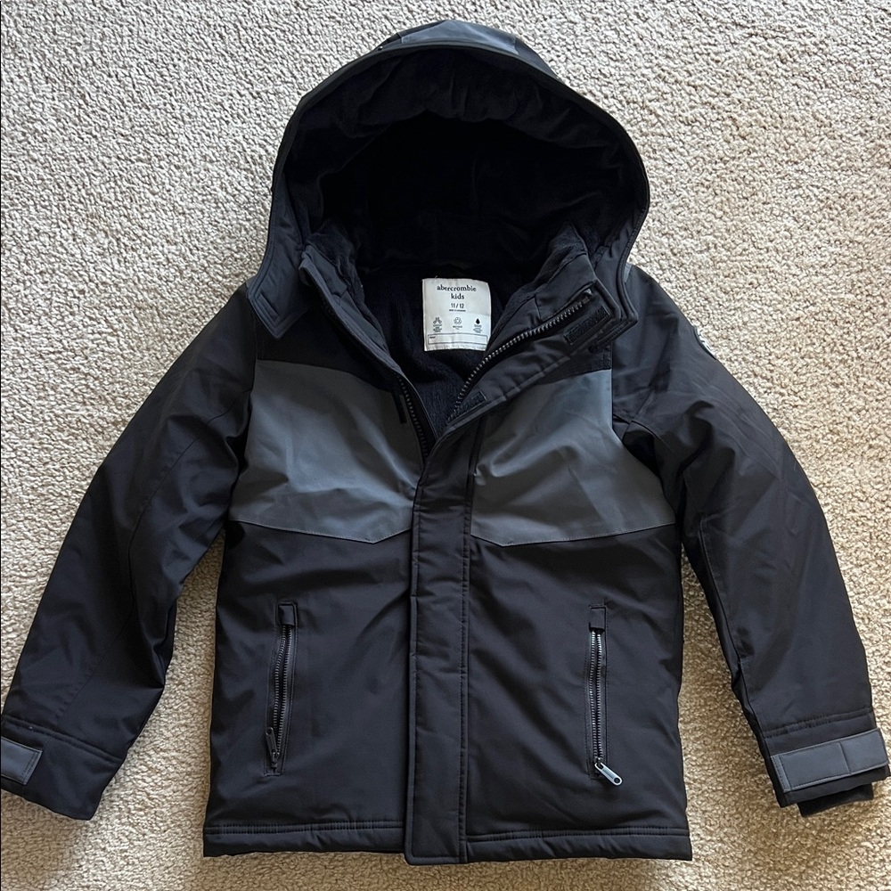 🔥 Abercrombie & Fitch boys' Sz L 11/12 Hooded Ultra Bomber Jacket Black & Grey
